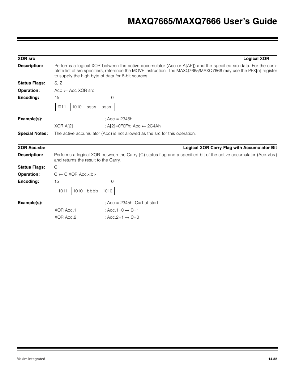 Xor src -32, Xor acc.<b> -32 | Maxim Integrated MAXQ7666 User Manual | Page 369 / 386