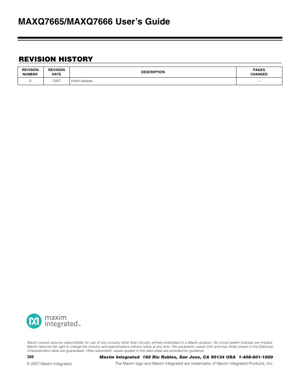 Revision history | Maxim Integrated MAXQ7666 User Manual | Page 386 / 386