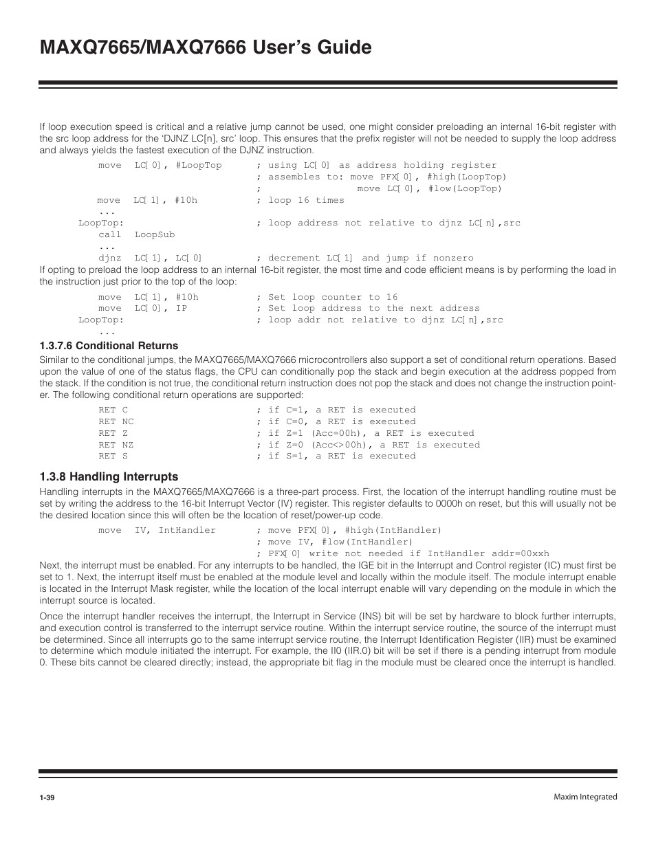 6 conditional returns -39, 8 handling interrupts -39 | Maxim Integrated MAXQ7666 User Manual | Page 41 / 386