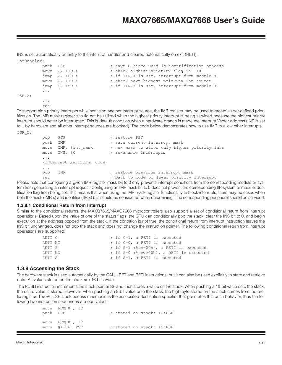 1 conditional return from interrupt -40, 9 accessing the stack -40 | Maxim Integrated MAXQ7666 User Manual | Page 42 / 386