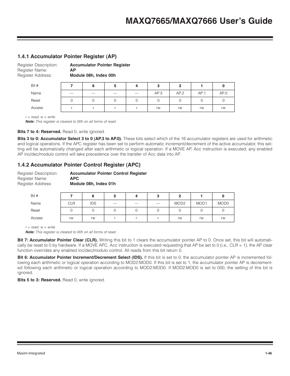 1 accumulator pointer register (ap) -46, 2 accumulator pointer control register (apc) -46, 1 accumulator pointer register (ap) | 2 accumulator pointer control register (apc) | Maxim Integrated MAXQ7666 User Manual | Page 48 / 386