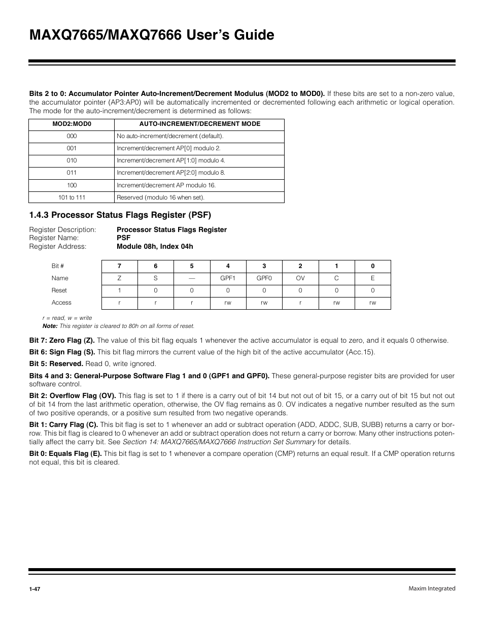 3 processor status flags register (psf) -47, 3 processor status flags register (psf) | Maxim Integrated MAXQ7666 User Manual | Page 49 / 386