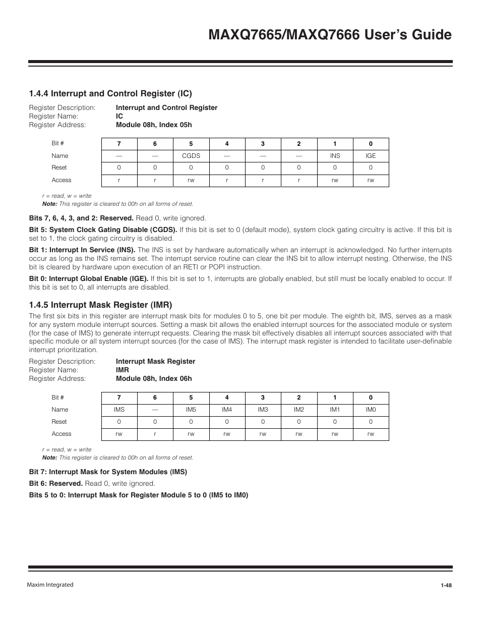 4 interrupt and control register (ic) -48, 5 interrupt mask register (imr) -48, 4 interrupt and control register (ic) | 5 interrupt mask register (imr) | Maxim Integrated MAXQ7666 User Manual | Page 50 / 386