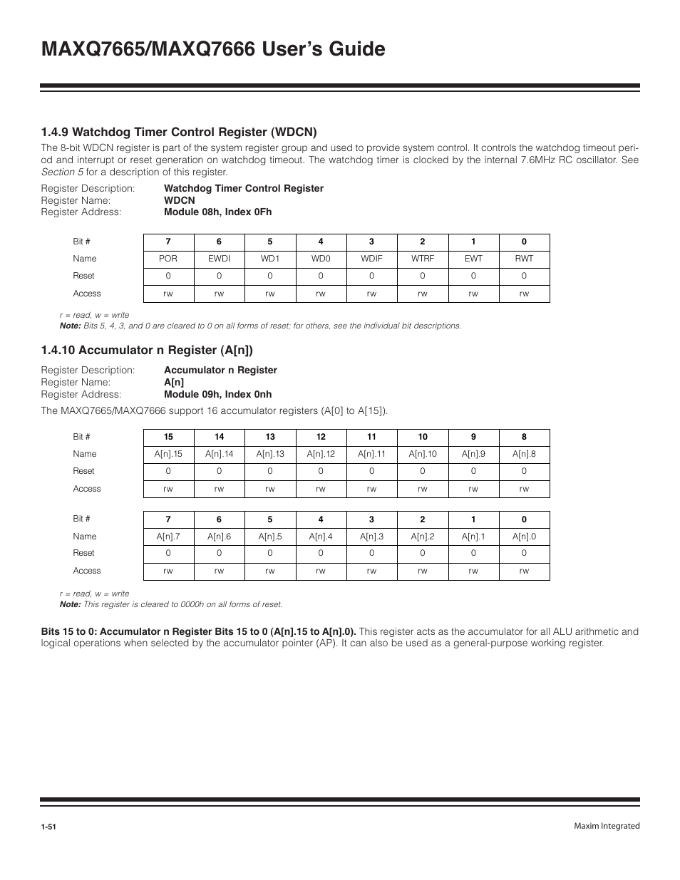 9 watchdog timer control register (wdcn) -51, 10 accumulator n register (a[n]) -51, 9 watchdog timer control register (wdcn) | 10 accumulator n register (a[n]) | Maxim Integrated MAXQ7666 User Manual | Page 53 / 386