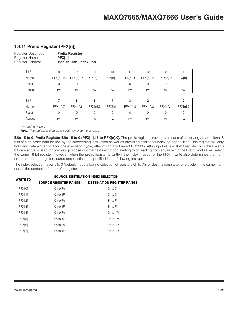 11 prefix register (pfx[n]) -52, 11 prefix register (pfx[n]) | Maxim Integrated MAXQ7666 User Manual | Page 54 / 386