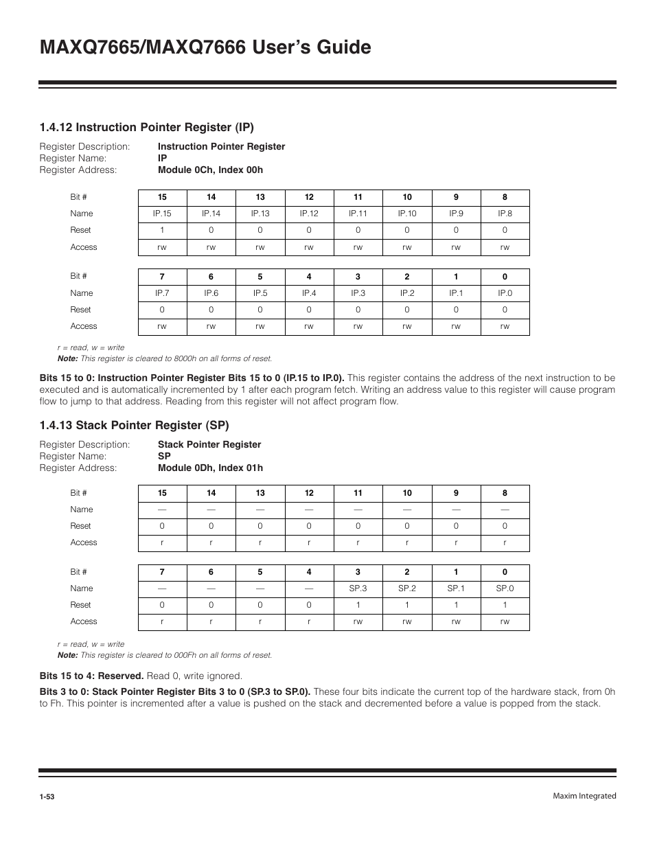 12 instruction pointer register (ip) -53, 13 stack pointer register (sp) -53, 12 instruction pointer register (ip) | 13 stack pointer register (sp) | Maxim Integrated MAXQ7666 User Manual | Page 55 / 386