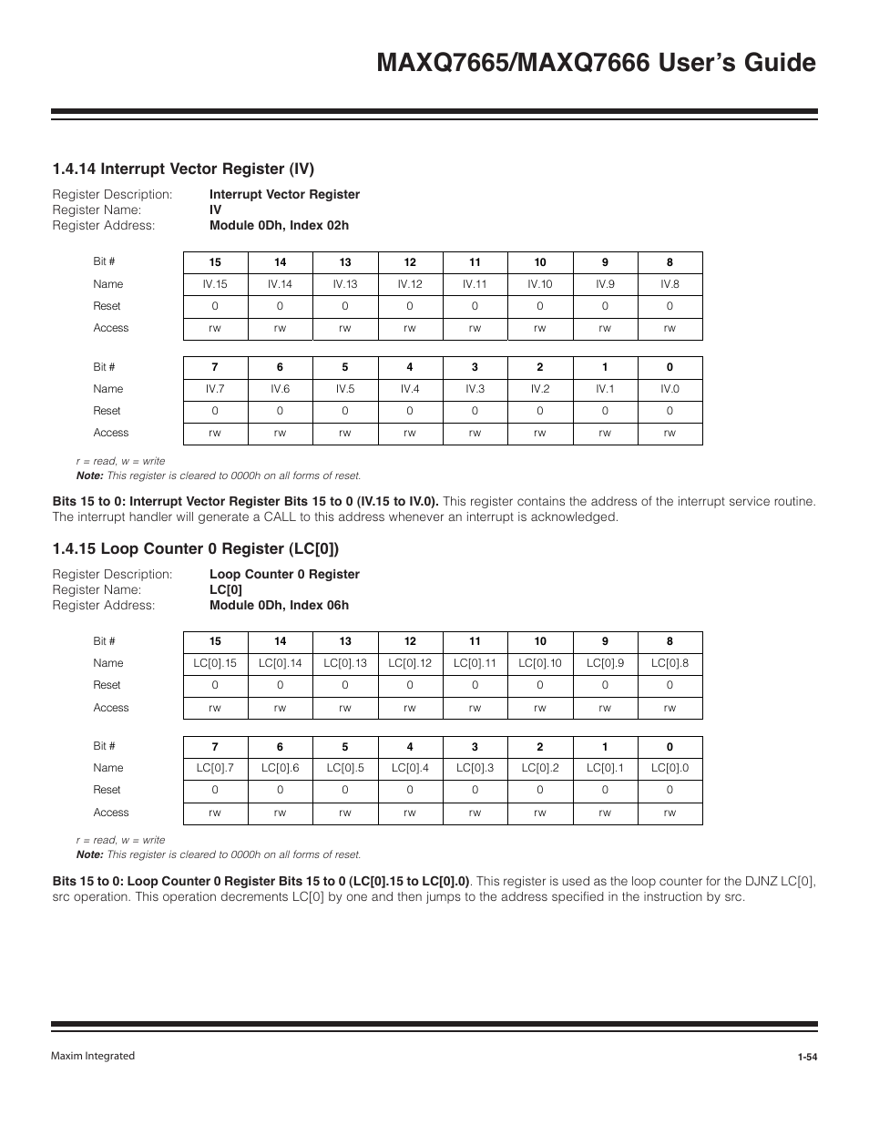 14 interrupt vector register (iv) -54, 15 loop counter 0 register (lc[0]) -54, 14 interrupt vector register (iv) | 15 loop counter 0 register (lc[0]) | Maxim Integrated MAXQ7666 User Manual | Page 56 / 386