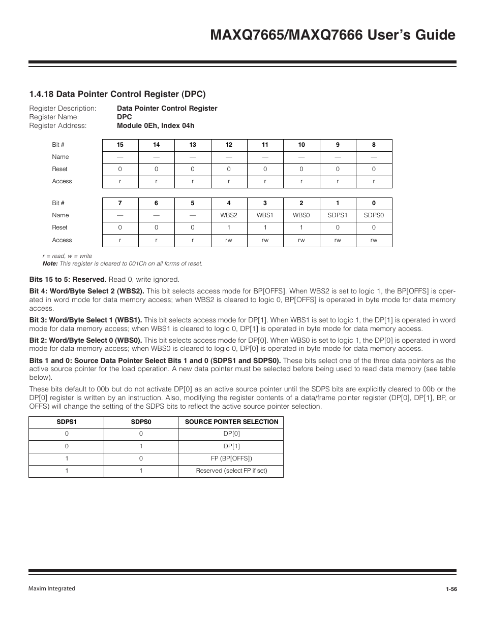 18 data pointer control register (dpc) -56, 18 data pointer control register (dpc) | Maxim Integrated MAXQ7666 User Manual | Page 58 / 386