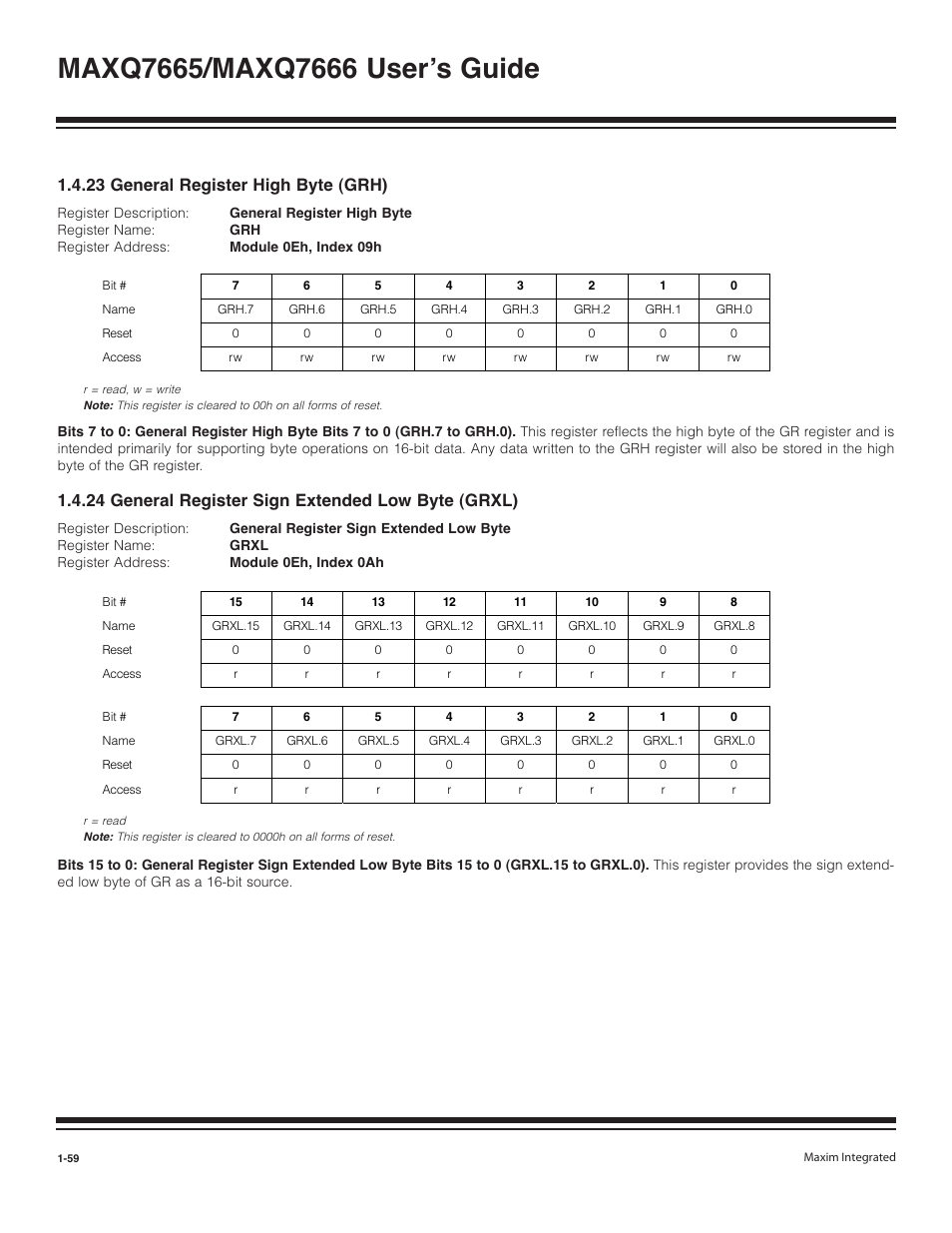 23 general register high byte (grh) -59, 23 general register high byte (grh), 24 general register sign extended low byte (grxl) | Maxim Integrated MAXQ7666 User Manual | Page 61 / 386