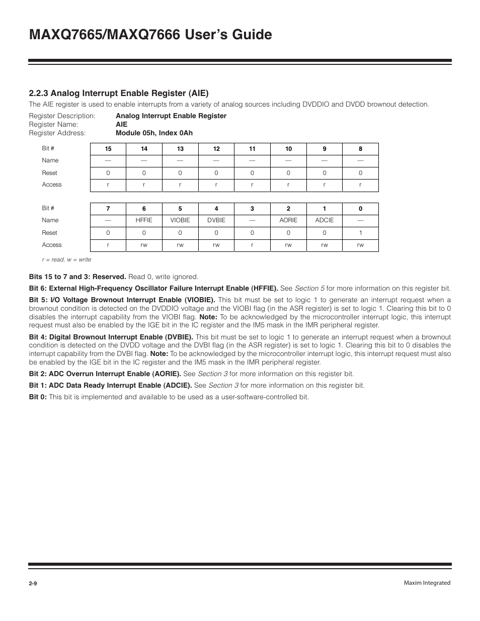 3 analog interrupt enable register (aie) -9, 3 analog interrupt enable register (aie) | Maxim Integrated MAXQ7666 User Manual | Page 81 / 386