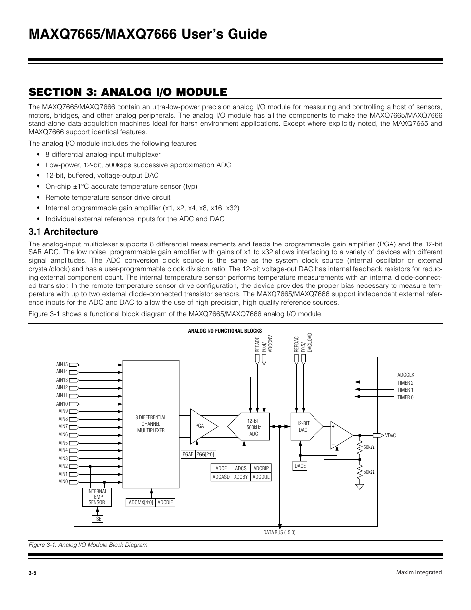1 architecture -5, Figure 3-1. analog i/o module block diagram -5, 1 architecture | Maxim Integrated MAXQ7666 User Manual | Page 95 / 386