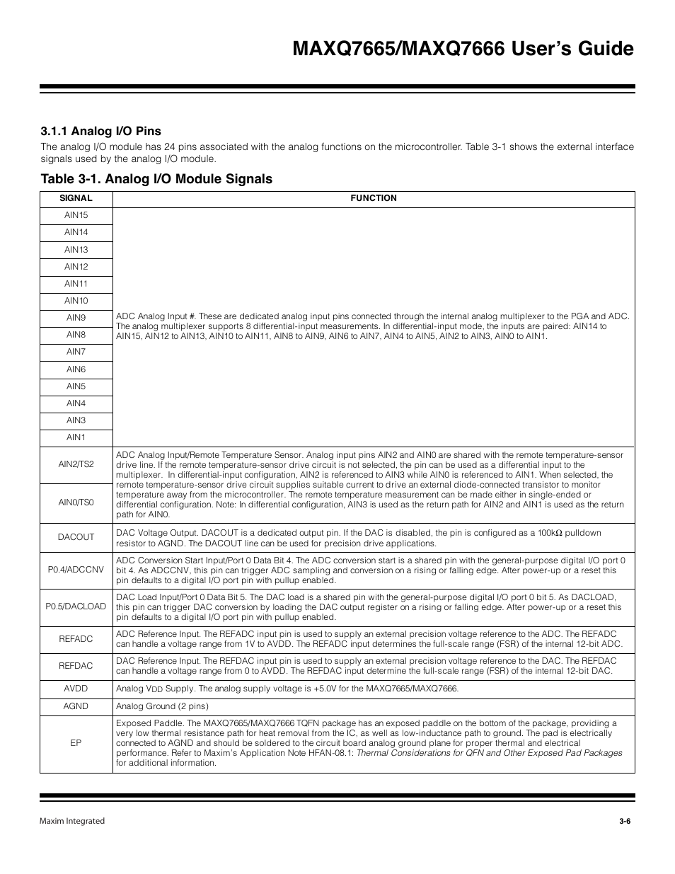 1 analog i/o pins -6, Table 3-1. analog i/o module signals -6, Table 3-1. analog i/o module signals | 1 analog i/o pins | Maxim Integrated MAXQ7666 User Manual | Page 96 / 386