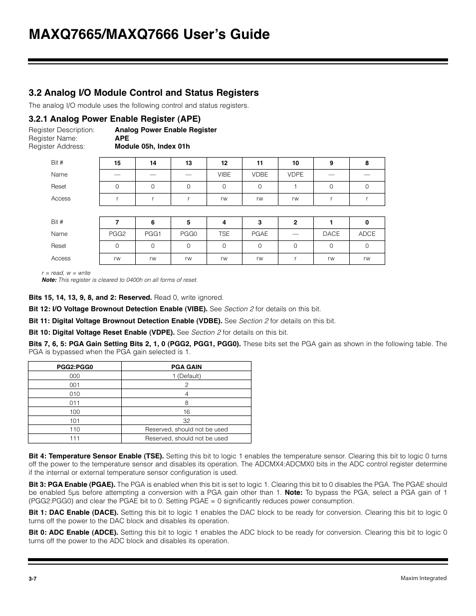 1 analog power enable register (ape) -7, 2 analog i/o module control and status registers, 1 analog power enable register (ape) | Maxim Integrated MAXQ7666 User Manual | Page 97 / 386