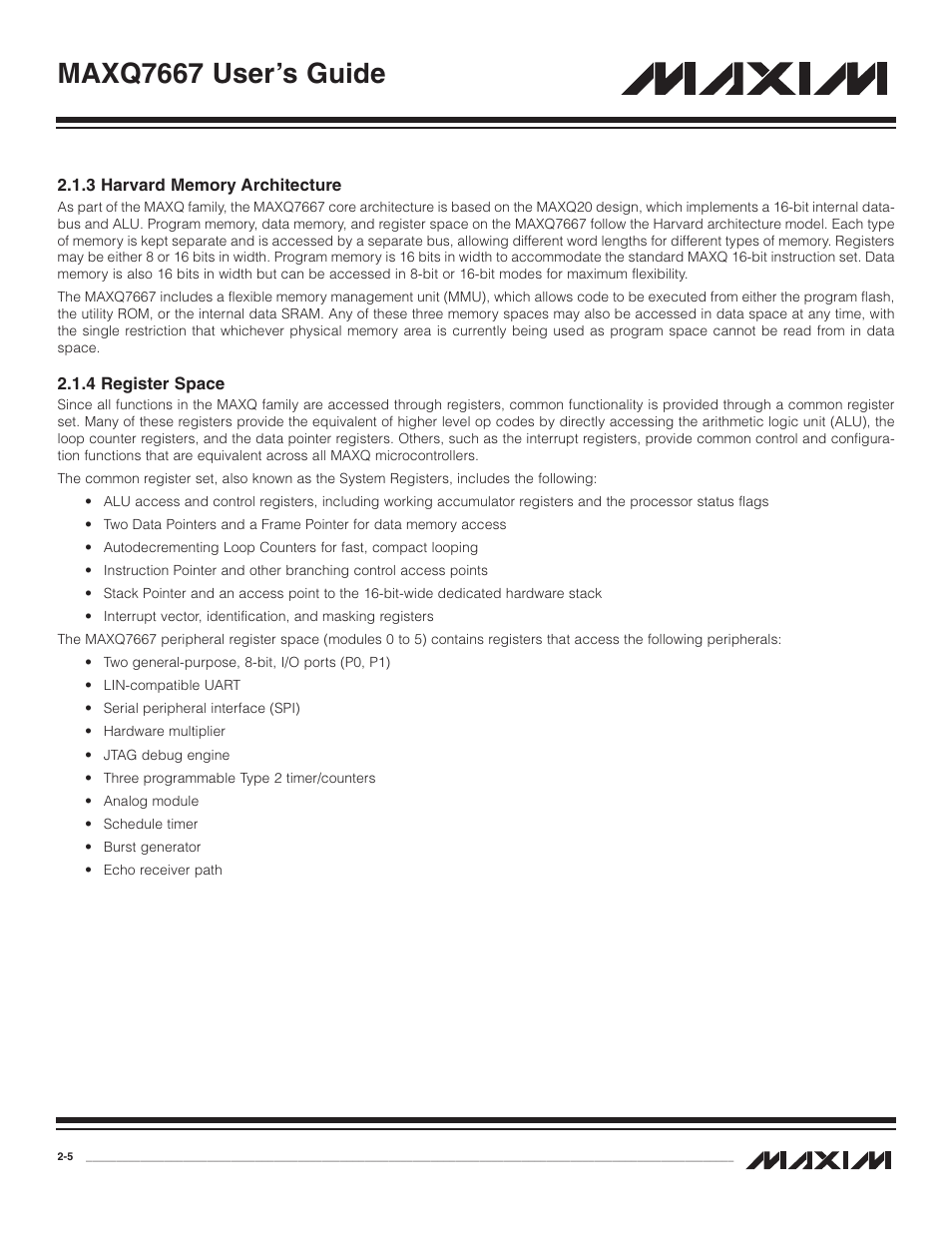 3 harvard memory archite, 4 register space, 3 harvard memory architecture -5 | 4 register space -5, Maxq7667 user’s guide | Maxim Integrated MAXQ7667 User Manual | Page 10 / 347