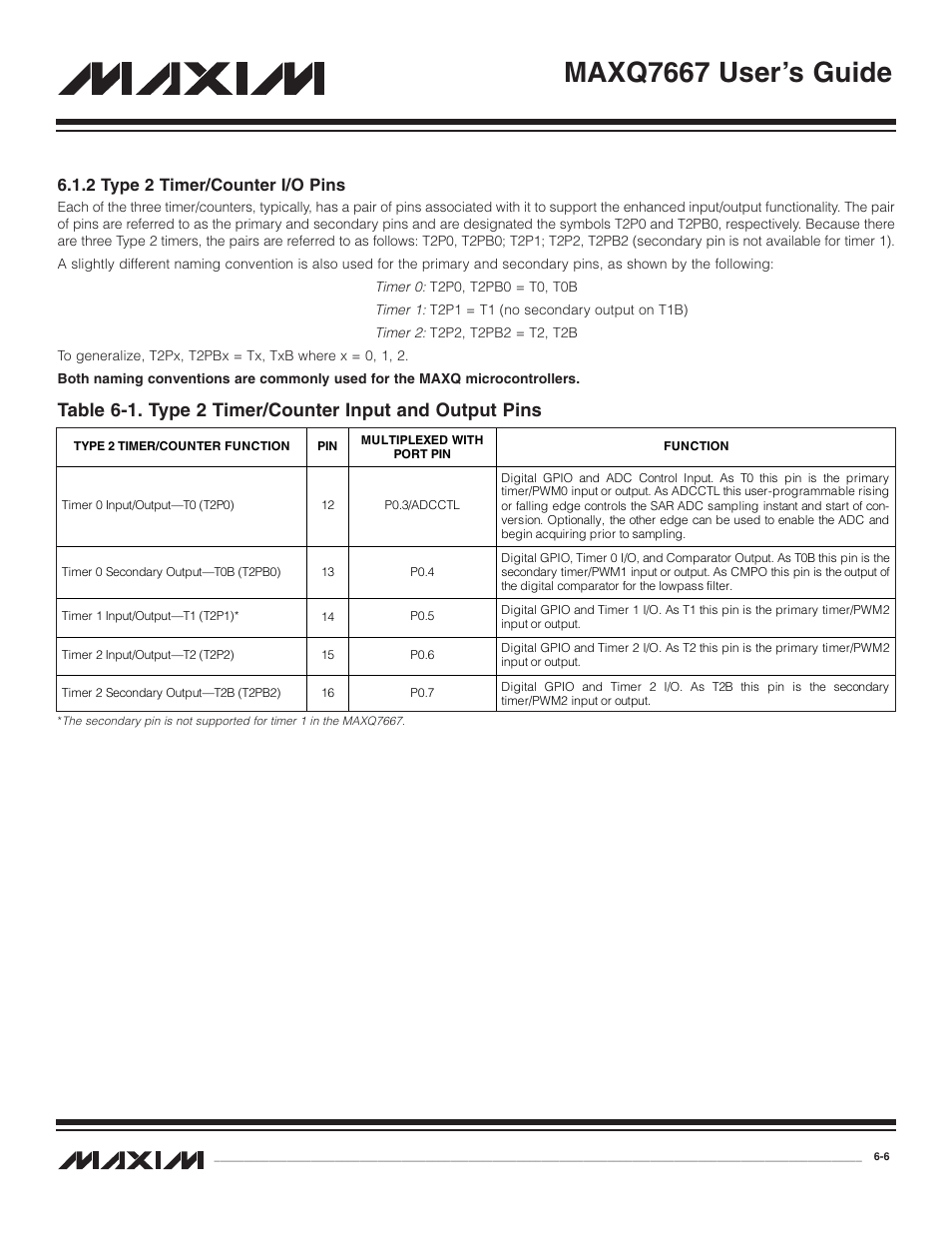 2 type 2 timer/counter i, 2 type 2 timer/counter i/o pins -6, Maxq7667 user’s guide | 2 type 2 timer/counter i/o pins | Maxim Integrated MAXQ7667 User Manual | Page 100 / 347