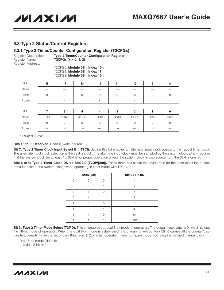 3 type 2 status/control re, 1 type 2 timer/counter c, 3 type 2 status/control registers -8 | Maxq7667 user’s guide, 3 type 2 status/control registers | Maxim Integrated MAXQ7667 User Manual | Page 102 / 347