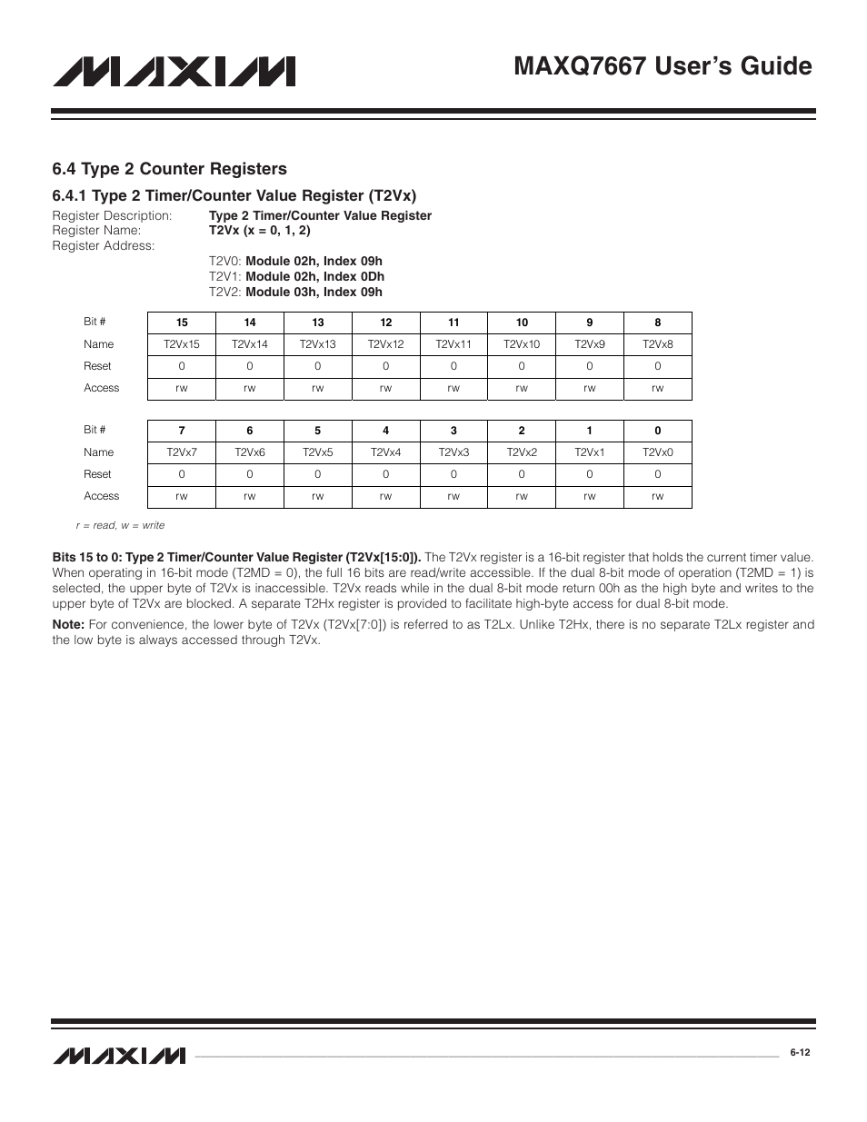 4 type 2 counter registers, 1 type 2 timer/counter v, 4 type 2 counter registers -12 | 1 type 2 timer/counter value register (t2vx) -12, Maxq7667 user’s guide, 1 type 2 timer/counter value register (t2vx) | Maxim Integrated MAXQ7667 User Manual | Page 106 / 347