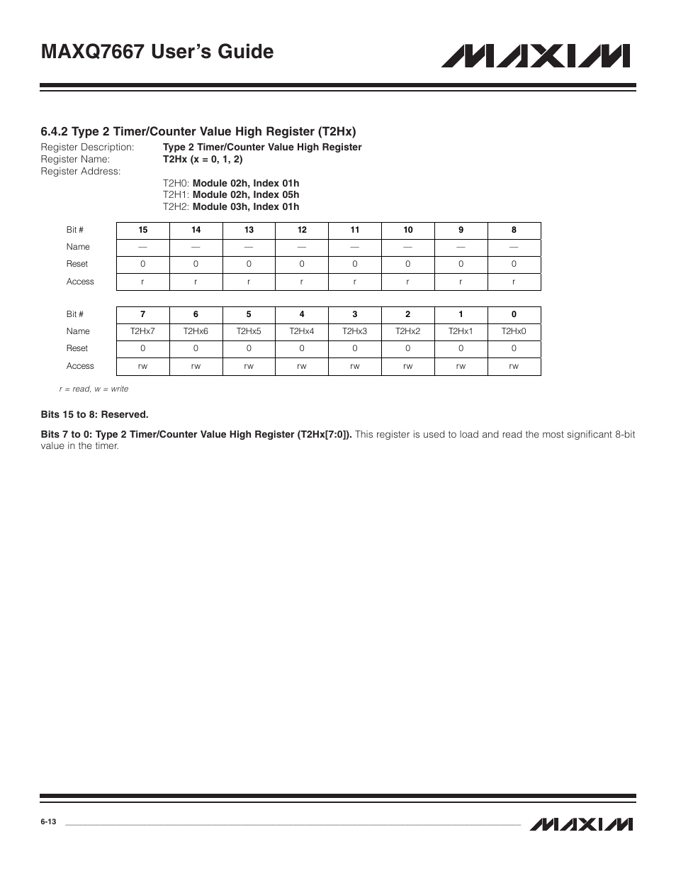 2 type 2 timer/counter v, Maxq7667 user’s guide, 2 type 2 timer/counter value high register (t2hx) | Maxim Integrated MAXQ7667 User Manual | Page 107 / 347
