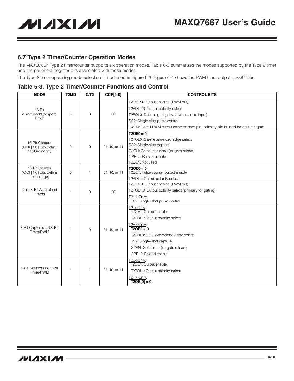 7 type 2 timer/counter ope, 7 type 2 timer/counter operation modes -18, Maxq7667 user’s guide | 7 type 2 timer/counter operation modes | Maxim Integrated MAXQ7667 User Manual | Page 112 / 347