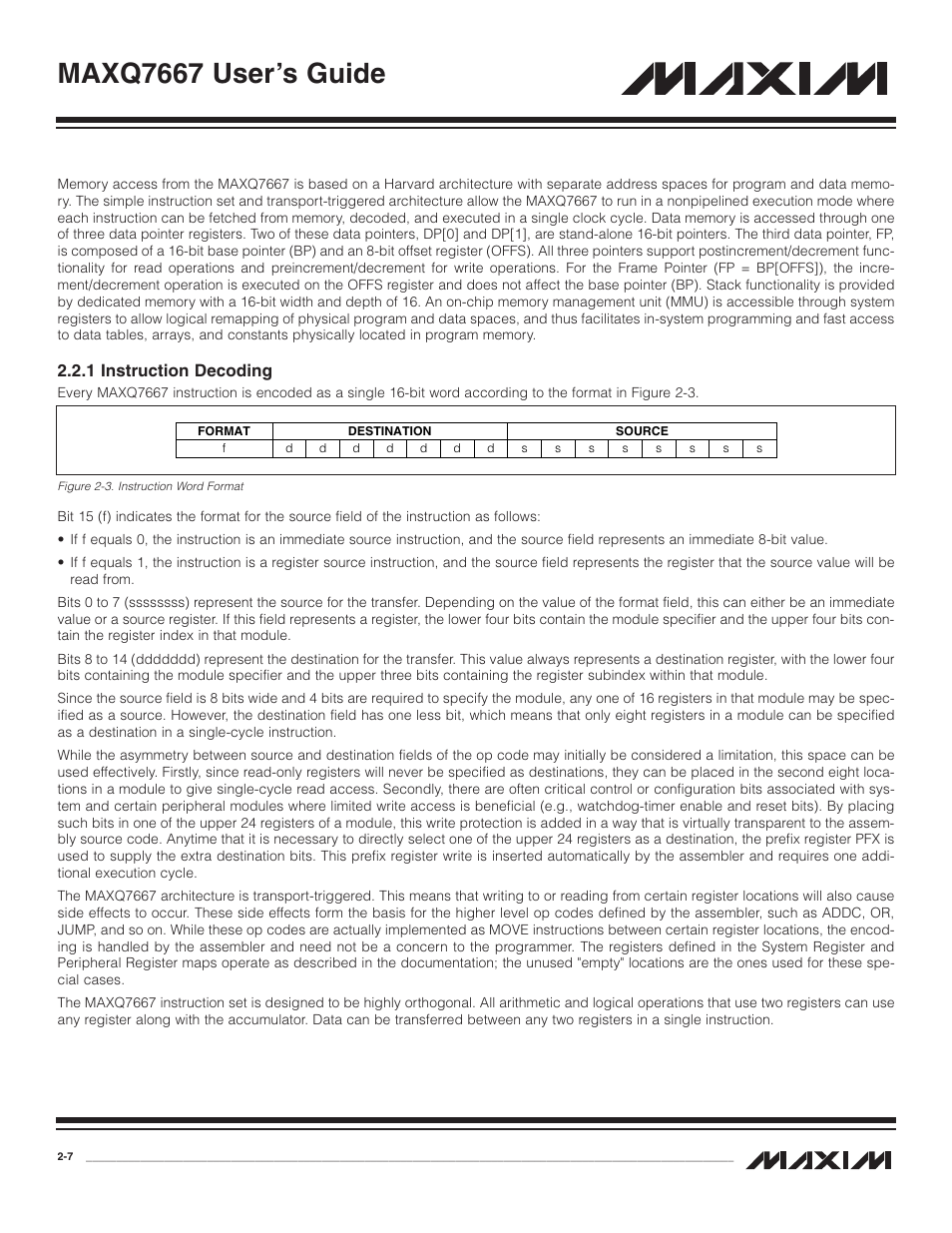 1 instruction decoding, 1 instruction decoding -7, Figure 2-3. instruction word format -7 | Maxq7667 user’s guide | Maxim Integrated MAXQ7667 User Manual | Page 12 / 347