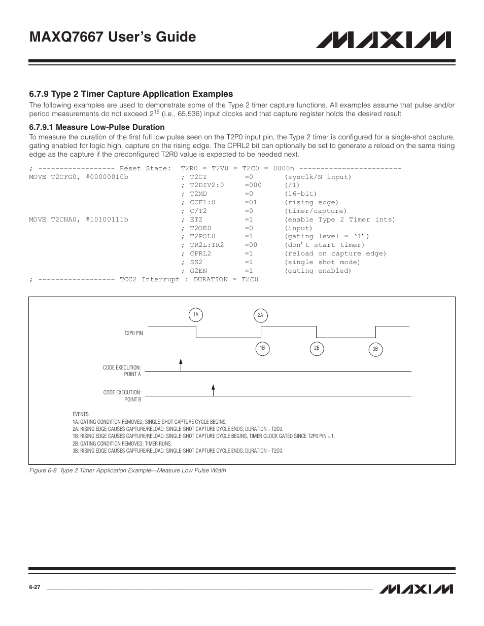 9 type 2 timer capture a, 1 measure low-pulse du, 9 type 2 timer capture application examples -27 | 1 measure low-pulse duration -27, Maxq7667 user’s guide, 9 type 2 timer capture application examples | Maxim Integrated MAXQ7667 User Manual | Page 121 / 347