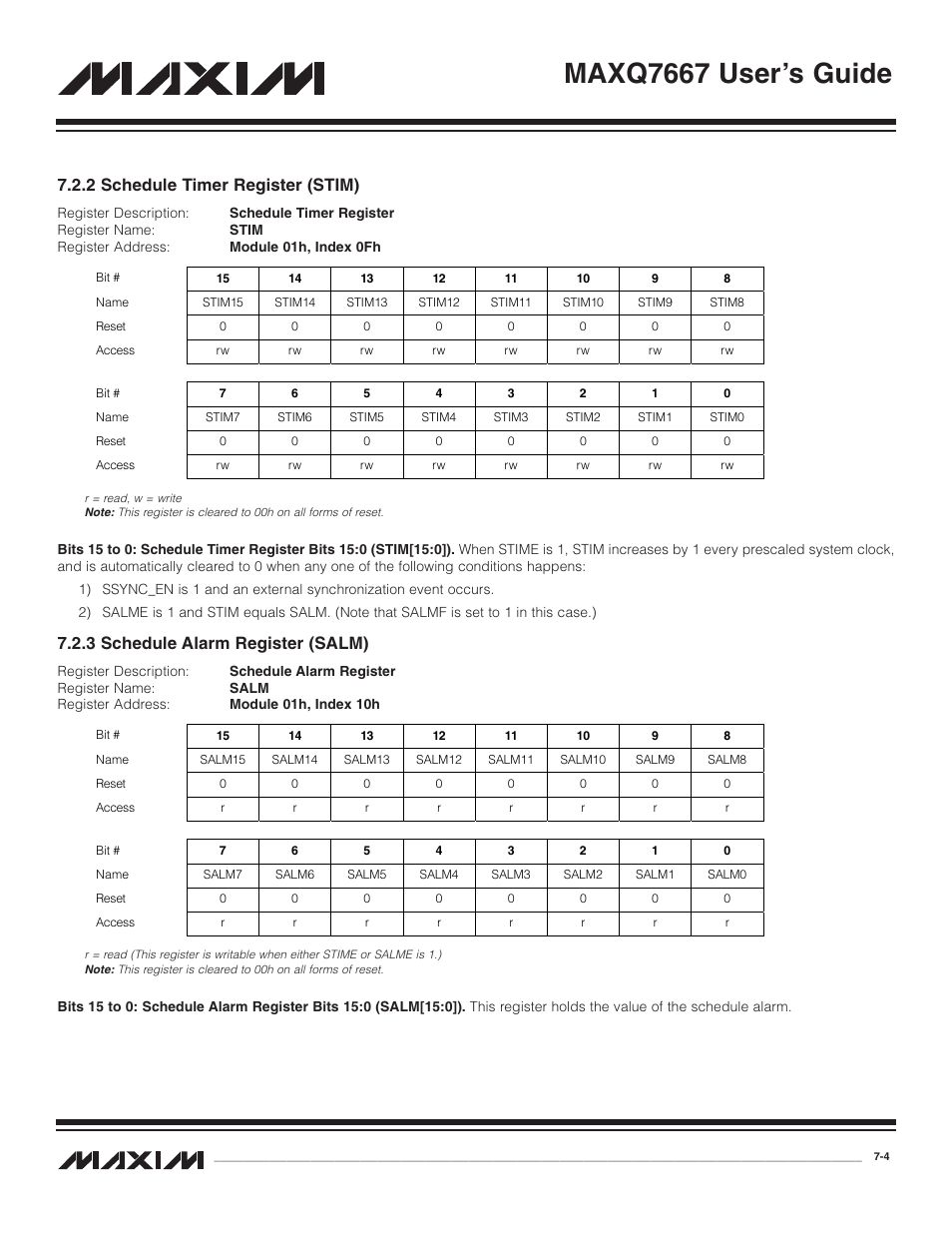 2 schedule timer registe, 3 schedule alarm registe, 2 schedule timer register (stim) -4 | 3 schedule alarm register (salm) -4, Maxq7667 user’s guide, 2 schedule timer register (stim), 3 schedule alarm register (salm) | Maxim Integrated MAXQ7667 User Manual | Page 129 / 347