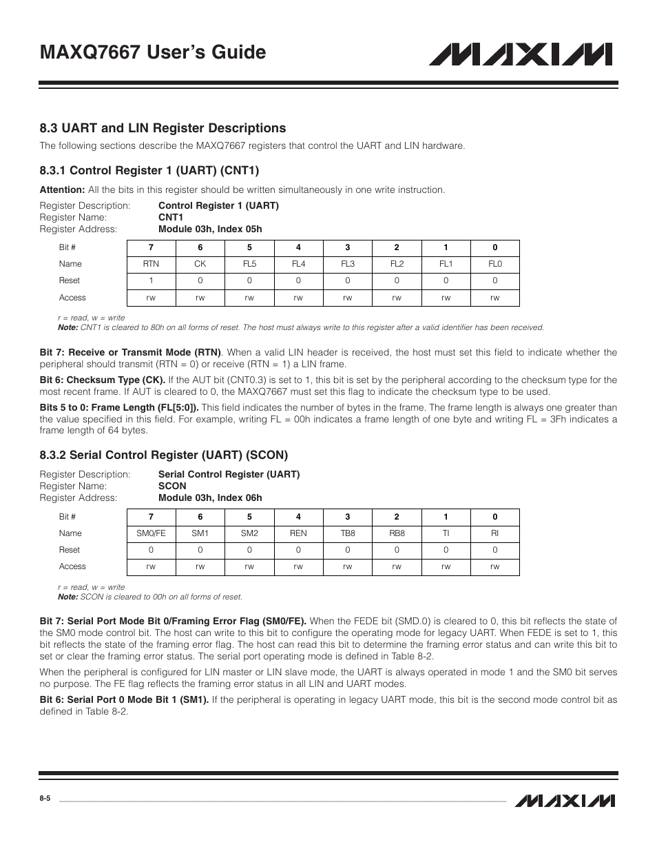 3 uart and lin register de, 1 control register 1 (ua, 2 serial control registe | 3 uart and lin register descriptions -5, 1 control register 1 (uart) (cnt1) -5, 2 serial control register (uart) (scon) -5, Maxq7667 user’s guide, 3 uart and lin register descriptions, 1 control register 1 (uart) (cnt1), 2 serial control register (uart) (scon) | Maxim Integrated MAXQ7667 User Manual | Page 135 / 347
