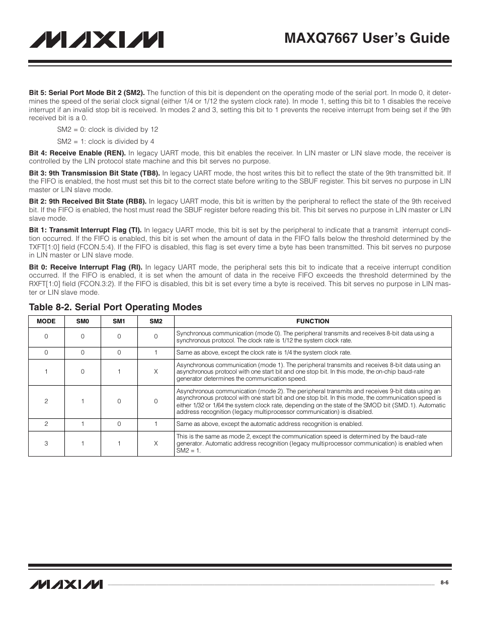 Table 8-2. serial port operating modes -6, Maxq7667 user’s guide, Table 8-2. serial port operating modes | Maxim Integrated MAXQ7667 User Manual | Page 136 / 347