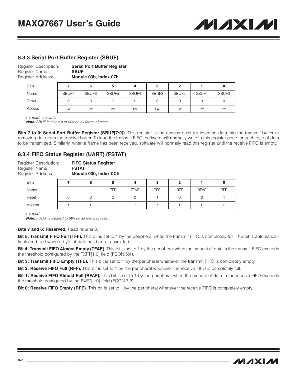 3 serial port buffer reg, 4 fifo status register, 3 serial port buffer register (sbuf) -7 | 4 fifo status register (uart) (fstat) -7, Maxq7667 user’s guide, 3 serial port buffer register (sbuf), 4 fifo status register (uart) (fstat) | Maxim Integrated MAXQ7667 User Manual | Page 137 / 347