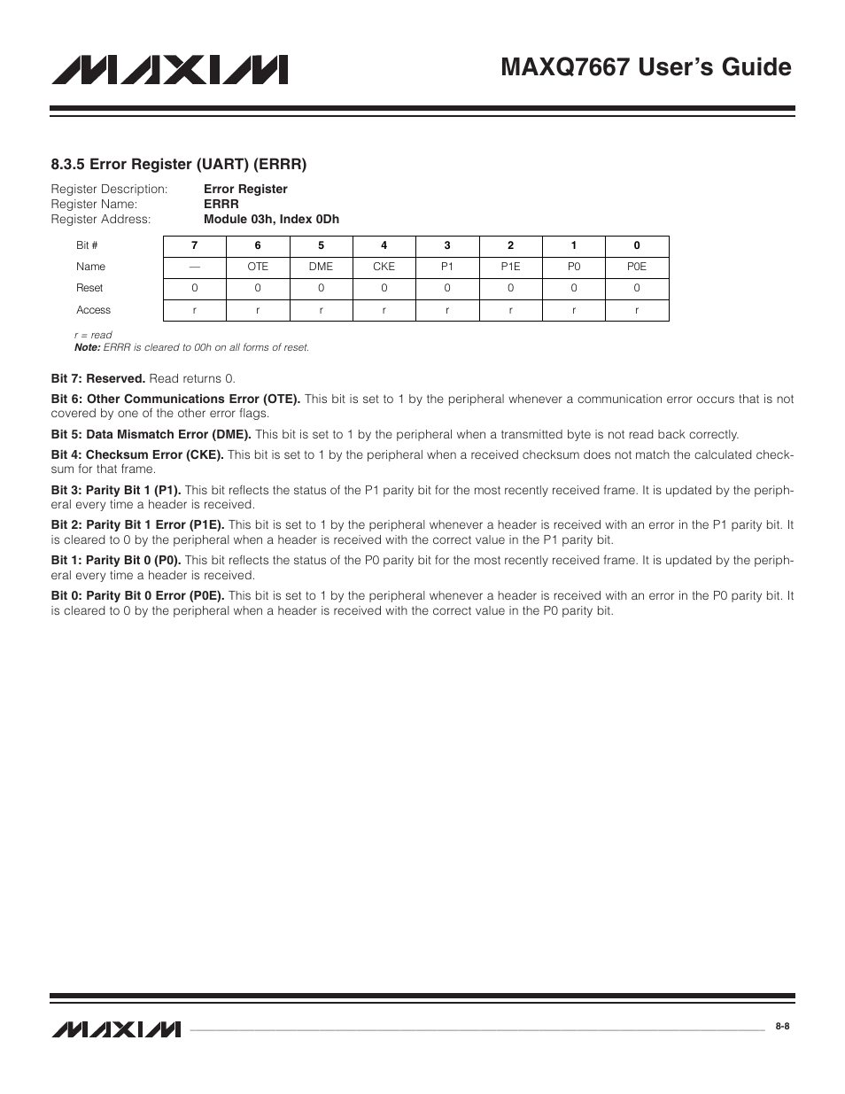 5 error register (uart), 5 error register (uart) (errr) -8, Maxq7667 user’s guide | 5 error register (uart) (errr) | Maxim Integrated MAXQ7667 User Manual | Page 138 / 347