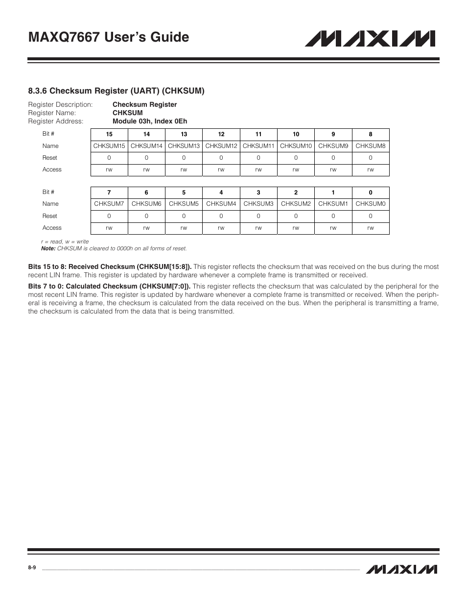 6 checksum register (uar, 6 checksum register (uart) (chksum) -9, Maxq7667 user’s guide | 6 checksum register (uart) (chksum) | Maxim Integrated MAXQ7667 User Manual | Page 139 / 347