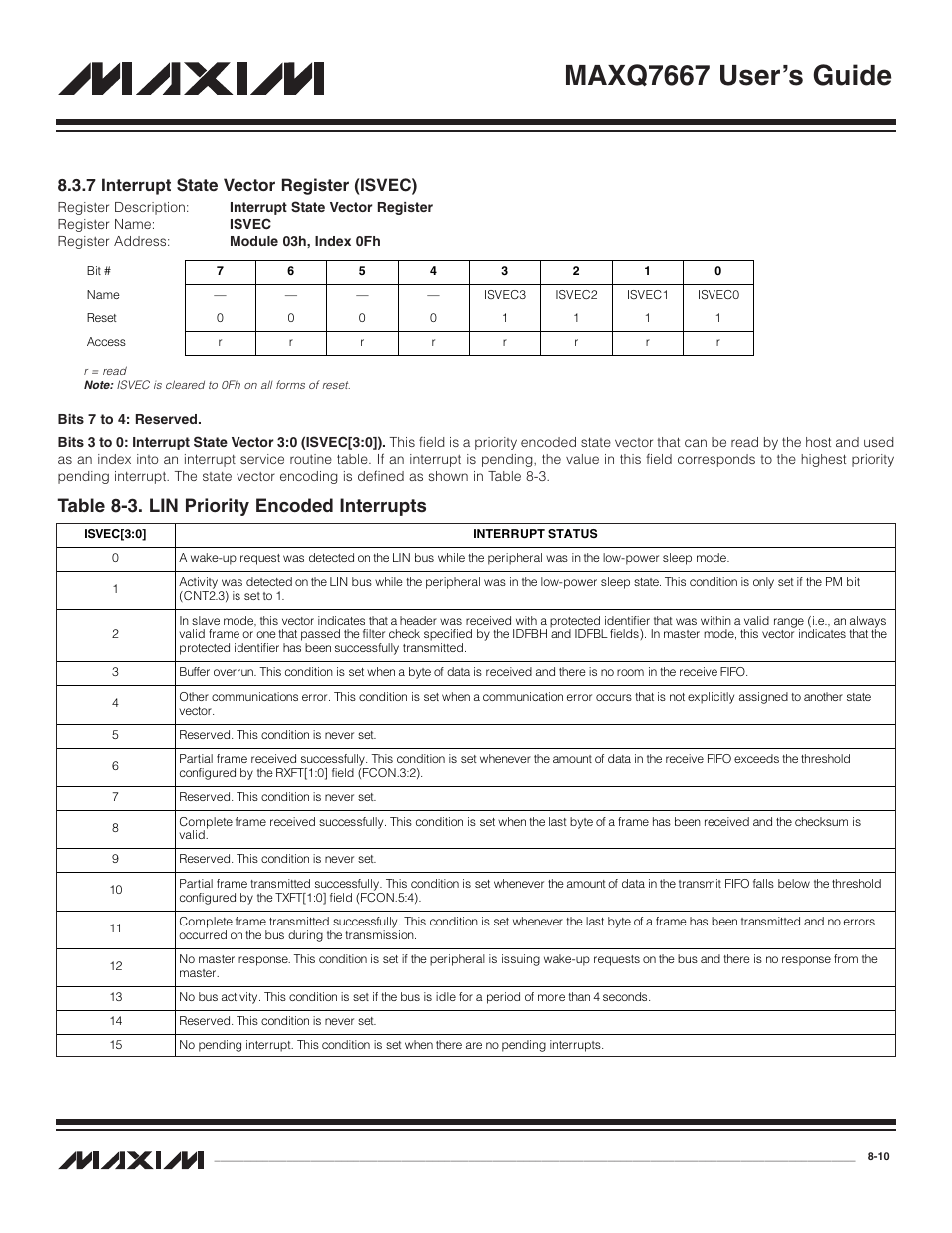 7 interrupt state vector, 7 interrupt state vector register (isvec) -10, Table 8-3. lin priority encoded interrupts -10 | Maxq7667 user’s guide, Table 8-3. lin priority encoded interrupts, 7 interrupt state vector register (isvec) | Maxim Integrated MAXQ7667 User Manual | Page 140 / 347