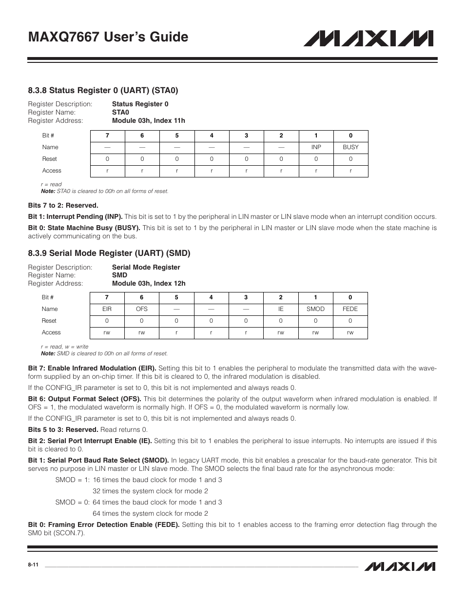 8 status register 0 (uar, 9 serial mode register, 8 status register 0 (uart) (sta0) -11 | 9 serial mode register (uart) (smd) -11, Maxq7667 user’s guide, 8 status register 0 (uart) (sta0), 9 serial mode register (uart) (smd) | Maxim Integrated MAXQ7667 User Manual | Page 141 / 347