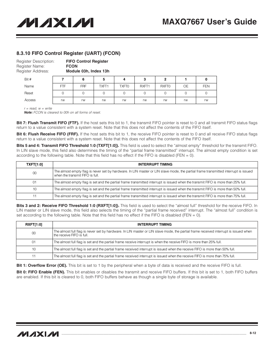 10 fifo control register, 10 fifo control register (uart) (fcon) -12, Maxq7667 user’s guide | 10 fifo control register (uart) (fcon) | Maxim Integrated MAXQ7667 User Manual | Page 142 / 347
