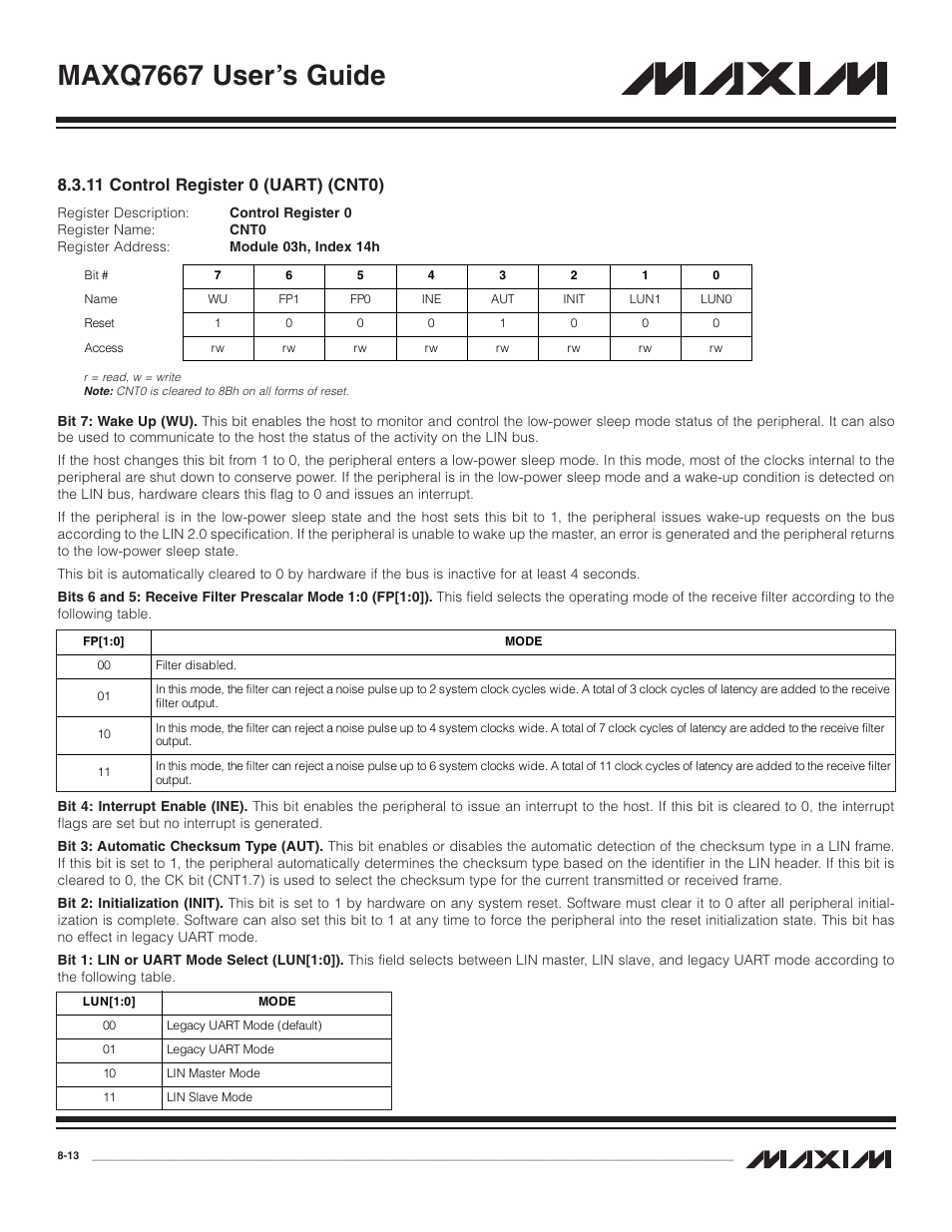 11 control register 0 (u, 11 control register 0 (uart) (cnt0) -13, Maxq7667 user’s guide | 11 control register 0 (uart) (cnt0) | Maxim Integrated MAXQ7667 User Manual | Page 143 / 347