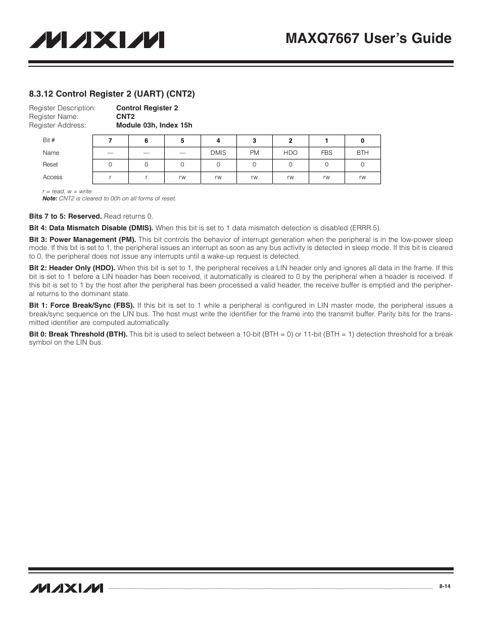 12 control register 2 (u, 12 control register 2 (uart) (cnt2) -14, Maxq7667 user’s guide | 12 control register 2 (uart) (cnt2) | Maxim Integrated MAXQ7667 User Manual | Page 144 / 347