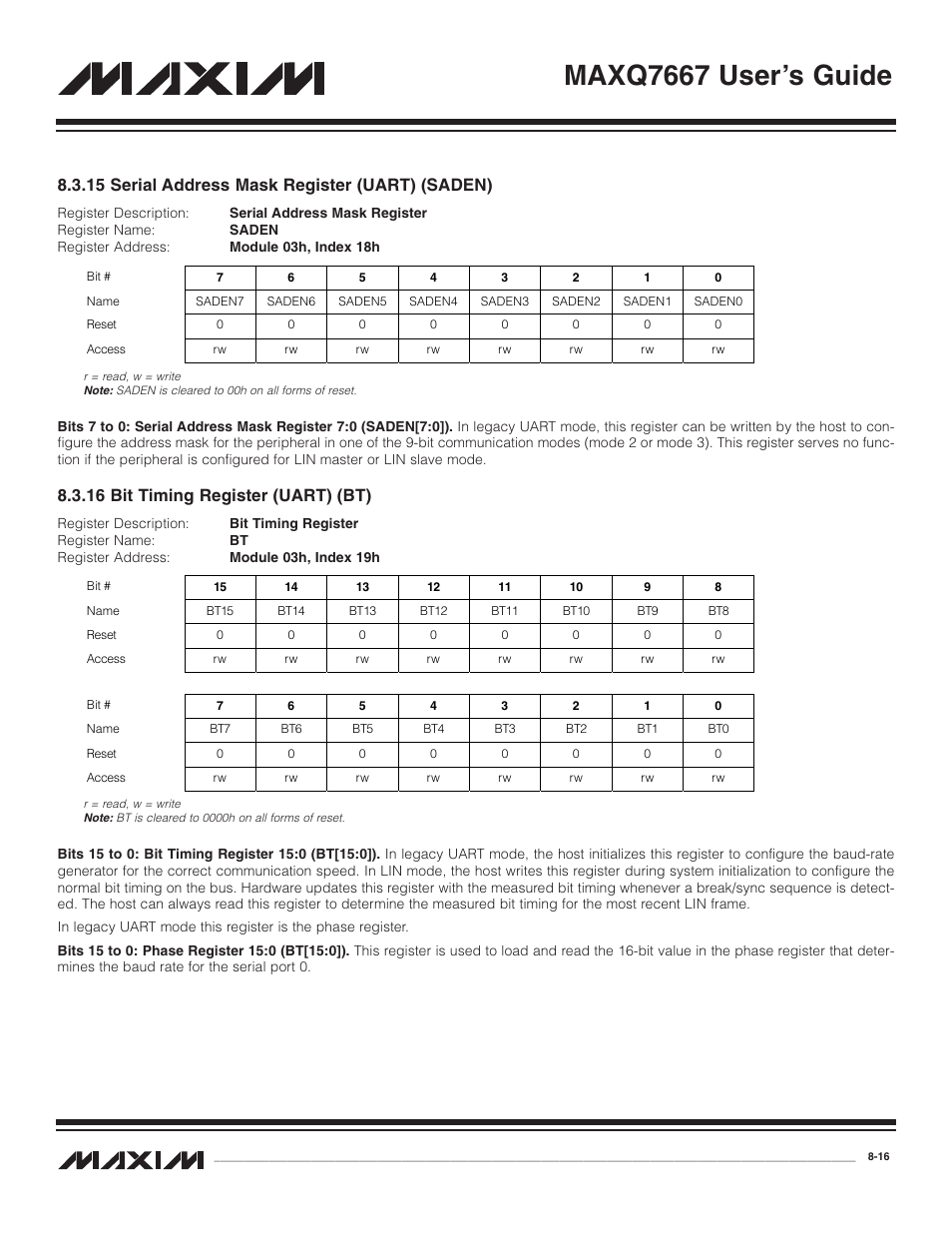 15 serial address mask r, 16 bit timing register, 15 serial address mask register (uart) (saden) -16 | 16 bit timing register (uart) (bt) -16, Maxq7667 user’s guide, 15 serial address mask register (uart) (saden), 16 bit timing register (uart) (bt) | Maxim Integrated MAXQ7667 User Manual | Page 146 / 347