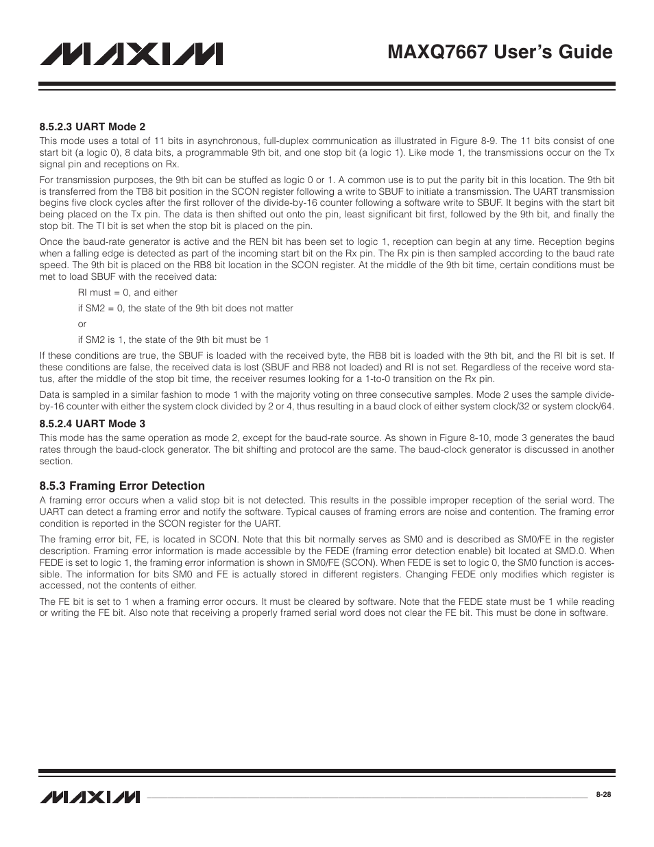 3 uart mode 2, 4 uart mode 3, 3 framing error detection | 3 uart mode 2 -28, 4 uart mode 3 -28, 3 framing error detection -28, Maxq7667 user’s guide | Maxim Integrated MAXQ7667 User Manual | Page 158 / 347