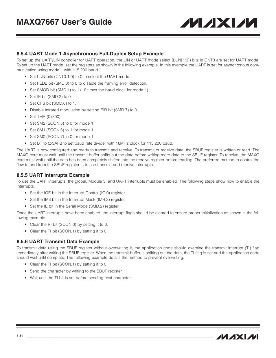 4 uart mode 1 asynchrono, 5 uart interrupts example, 6 uart transmit data exa | 5 uart interrupts example -31, 6 uart transmit data example -31, Maxq7667 user’s guide | Maxim Integrated MAXQ7667 User Manual | Page 161 / 347