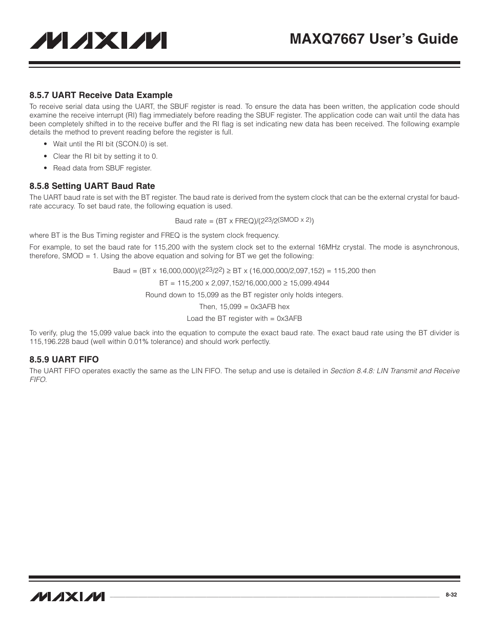 7 uart receive data example, 8 setting uart baud rate, 9 uart fifo | 7 uart receive data example -32, 8 setting uart baud rate -32, 9 uart fifo -32, Maxq7667 user’s guide | Maxim Integrated MAXQ7667 User Manual | Page 162 / 347