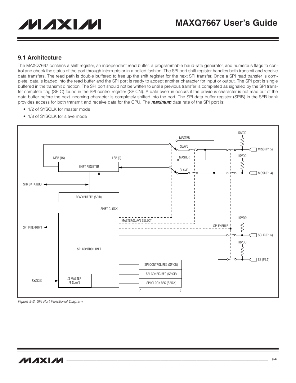 1 architecture, 1 architecture -4, Figure 9-2. spi port functional diagram -4 | Maxq7667 user’s guide | Maxim Integrated MAXQ7667 User Manual | Page 166 / 347