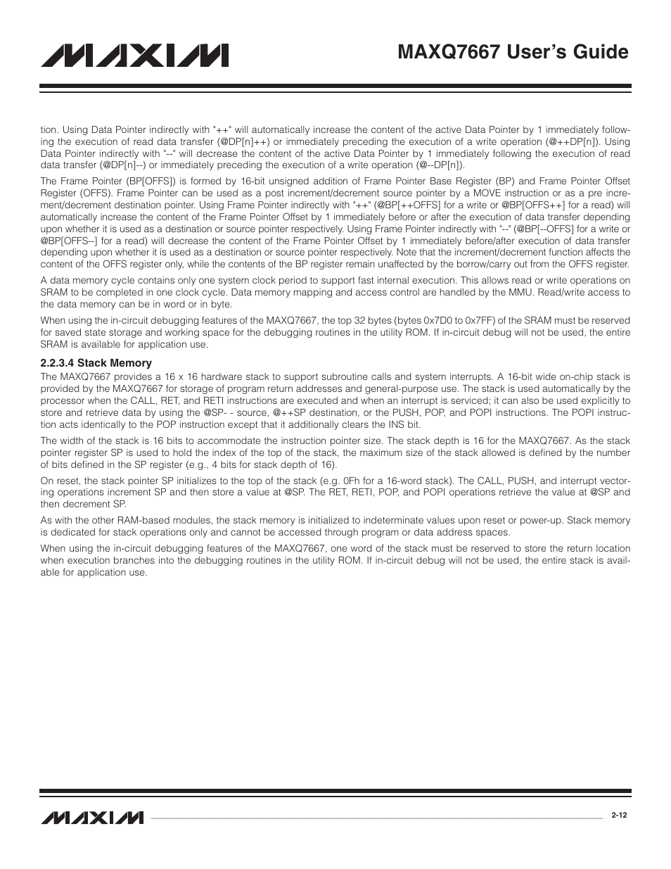 4 stack memory, 4 stack memory -12, Maxq7667 user’s guide | Maxim Integrated MAXQ7667 User Manual | Page 17 / 347