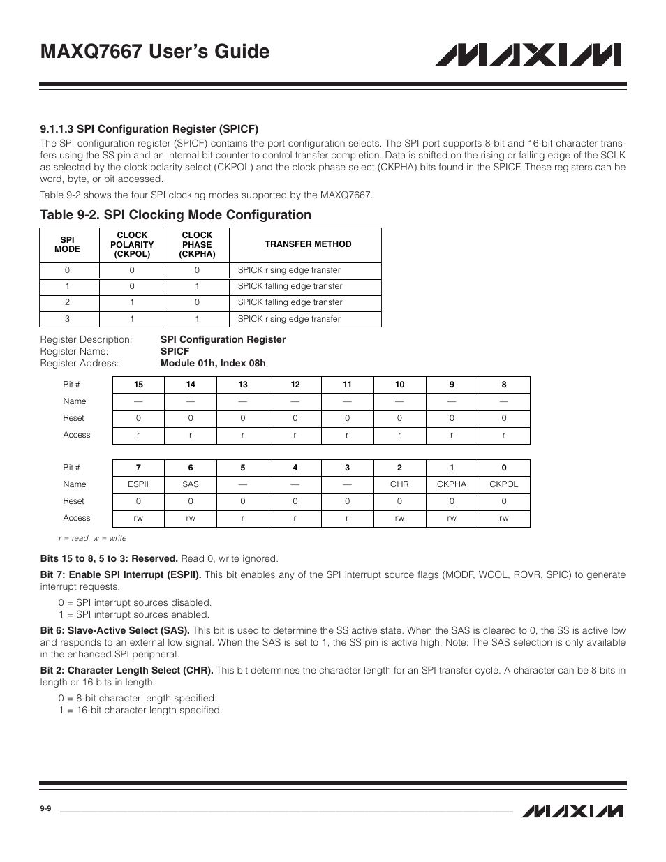 3 spi configuration re, 3 spi configuration register (spicf) -9, Table 9-2. spi clocking mode configuration -9 | Maxq7667 user’s guide, Table 9-2. spi clocking mode configuration | Maxim Integrated MAXQ7667 User Manual | Page 171 / 347