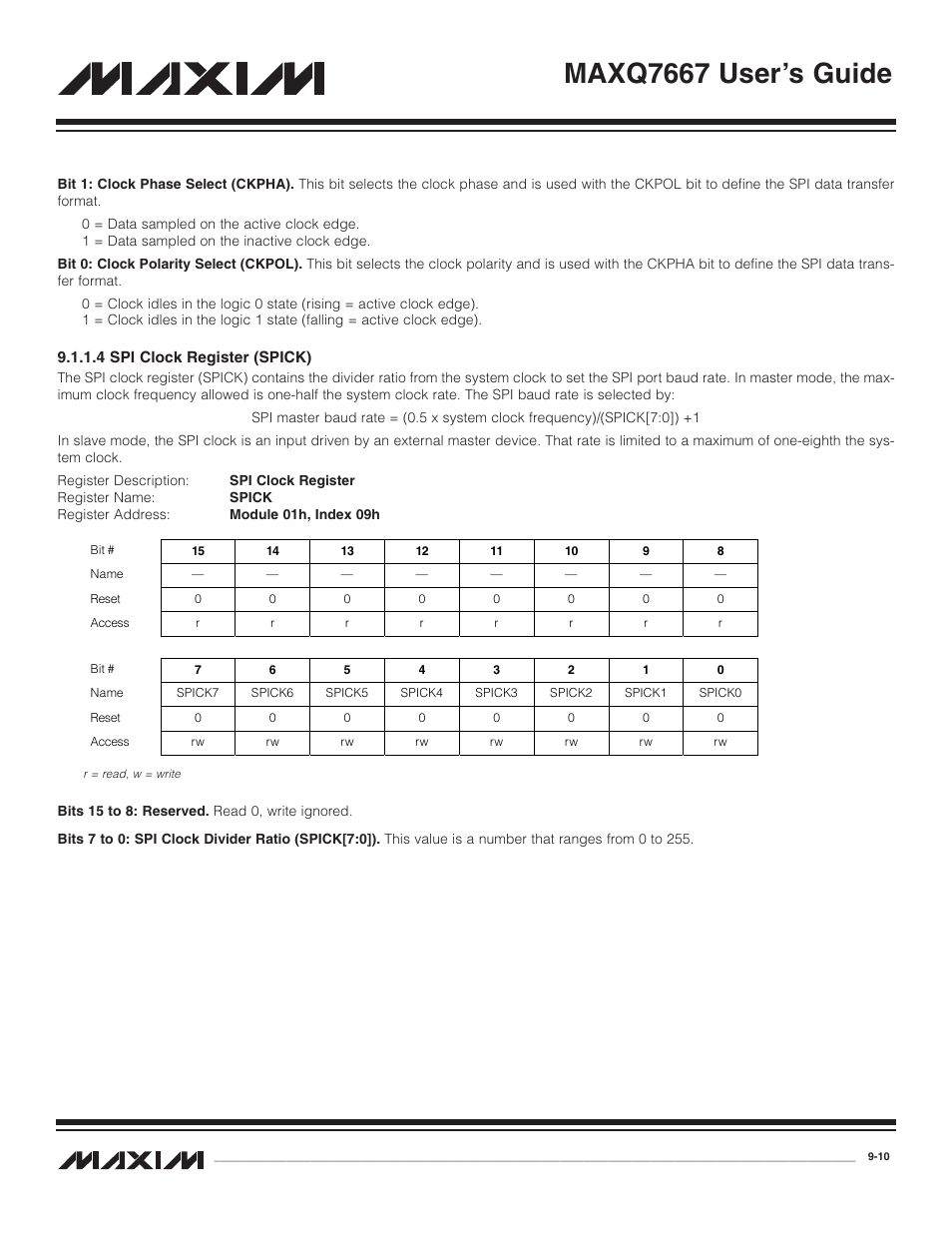 4 spi clock register, 4 spi clock register (spick) -10, Maxq7667 user’s guide | Maxim Integrated MAXQ7667 User Manual | Page 172 / 347