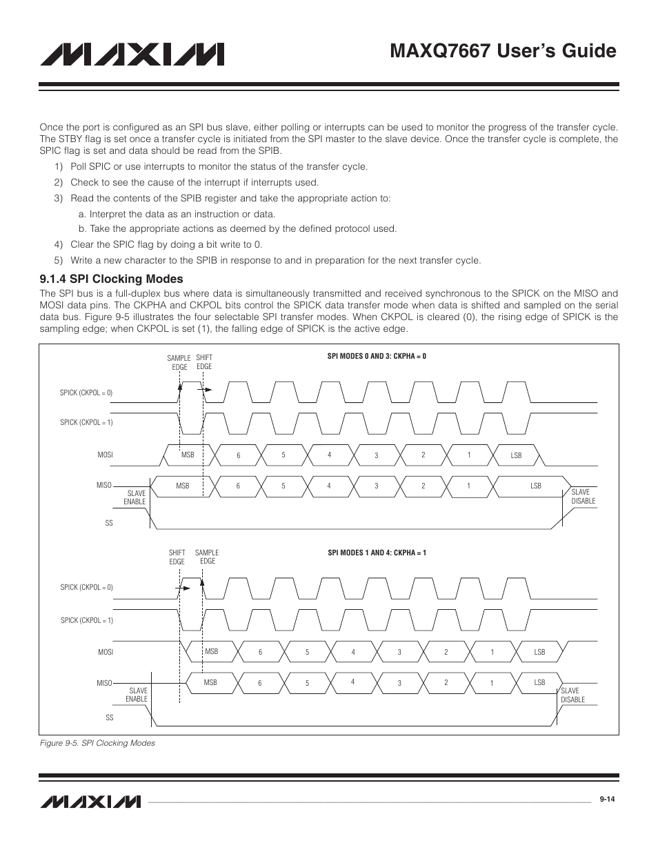 4 spi clocking modes, 4 spi clocking modes -14, Figure 9-5. spi clocking modes -14 | Maxq7667 user’s guide | Maxim Integrated MAXQ7667 User Manual | Page 176 / 347