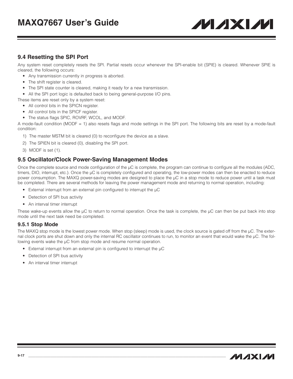 4 resetting the spi port, 5 oscillator/clock power-s, 1 stop mode | 1 stop mode -17, Maxq7667 user’s guide, 5 oscillator/clock power-saving management modes | Maxim Integrated MAXQ7667 User Manual | Page 179 / 347