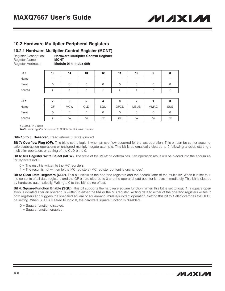 2 hardware multiplier per, 1 hardware multiplier c, 2 hardware multiplier peripheral registers -3 | 1 hardware multiplier control register (mcnt) -3, Maxq7667 user’s guide, 2 hardware multiplier peripheral registers, 1 hardware multiplier control register (mcnt) | Maxim Integrated MAXQ7667 User Manual | Page 182 / 347