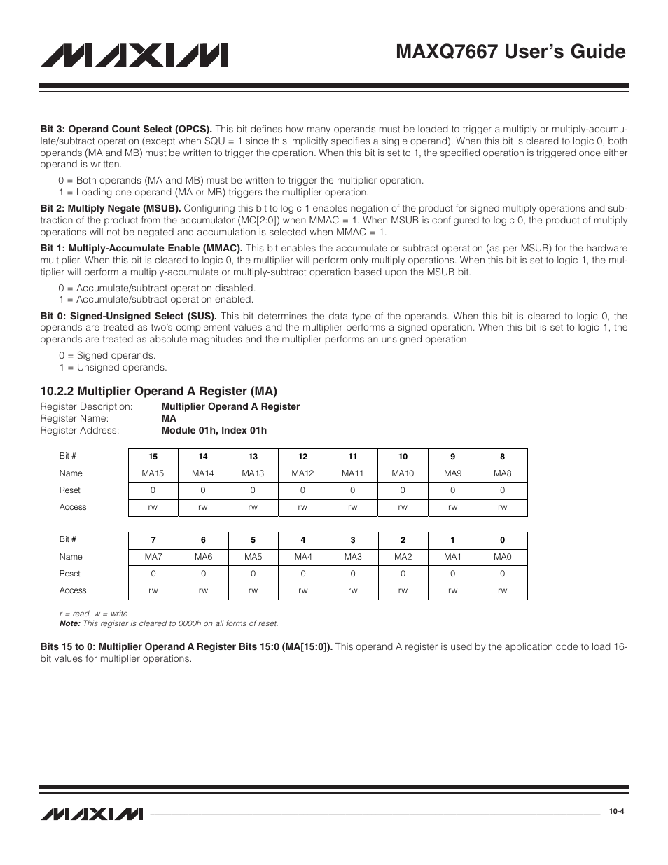 2 multiplier operand a, 2 multiplier operand a register (ma) -4, Maxq7667 user’s guide | 2 multiplier operand a register (ma) | Maxim Integrated MAXQ7667 User Manual | Page 183 / 347