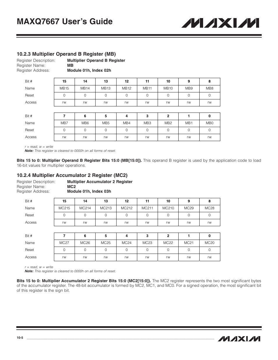3 multiplier operand b, 4 multiplier accumulato, 3 multiplier operand b register (mb) -5 | 4 multiplier accumulator 2 register (mc2) -5, Maxq7667 user’s guide, 3 multiplier operand b register (mb), 4 multiplier accumulator 2 register (mc2) | Maxim Integrated MAXQ7667 User Manual | Page 184 / 347