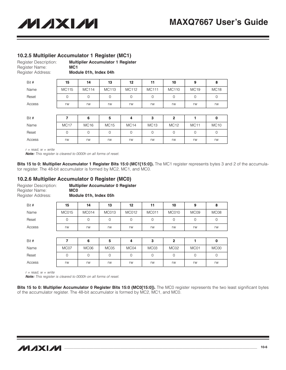 5 multiplier accumulato, 6 multiplier accumulato, 5 multiplier accumulator 1 register (mc1) -6 | 6 multiplier accumulator 0 register (mc0) -6, Maxq7667 user’s guide, 5 multiplier accumulator 1 register (mc1), 6 multiplier accumulator 0 register (mc0) | Maxim Integrated MAXQ7667 User Manual | Page 185 / 347